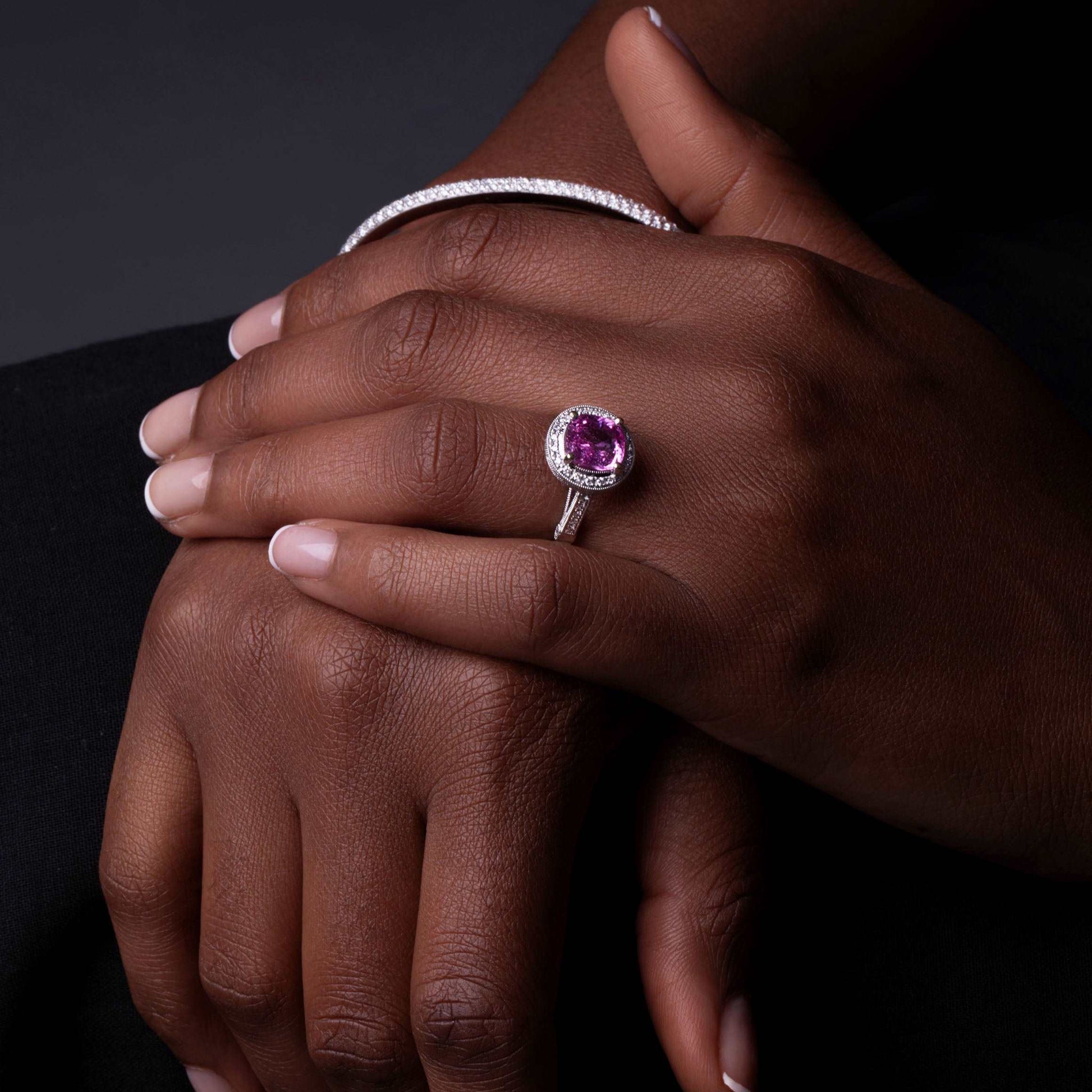 Model Wearing Pink Sapphire & Diamonds White Gold Ring