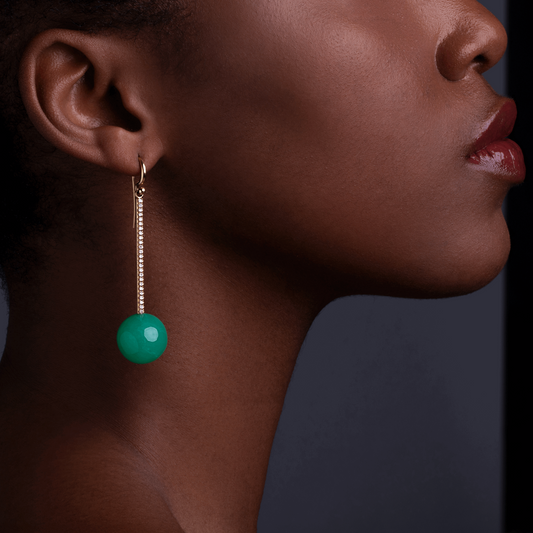 Model Wearing Chrysoprase Diamonds Yellow Gold Earrings