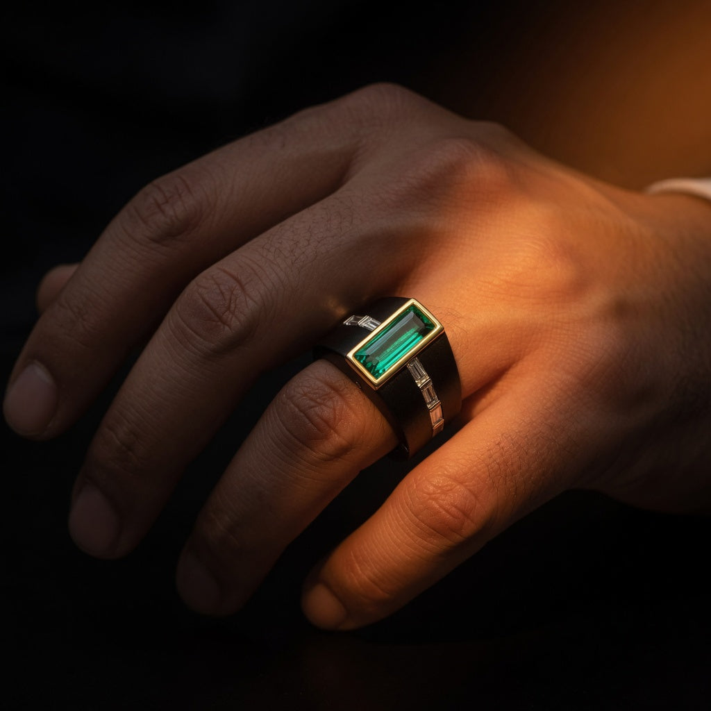 Black Titanium & Yellow Gold Emerald & Diamonds Ring