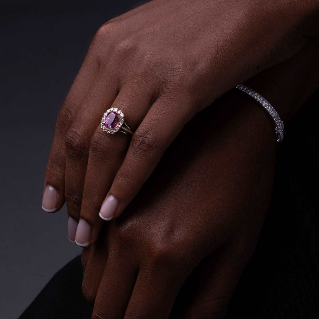 Model Wearing Intense Pink Sapphire & Diamonds Gold Ring