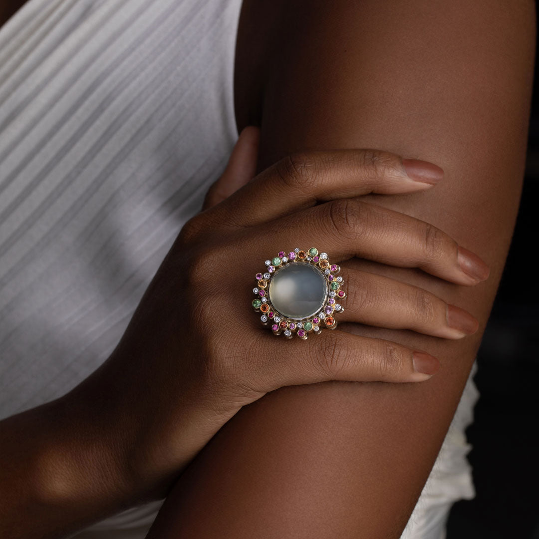 30 carat Moonstone, Sapphire, Garnets & Diamond Platinum Ring