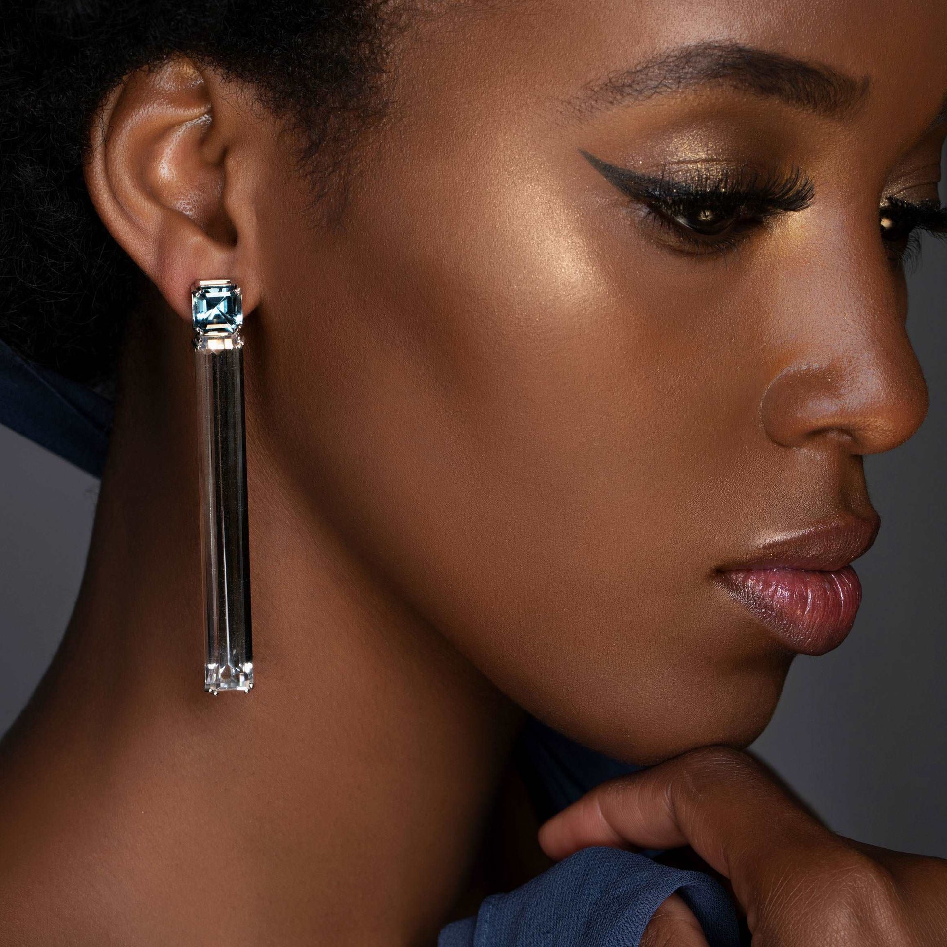 Model Wearing Aquamarine & Rock Crystal Earrings
