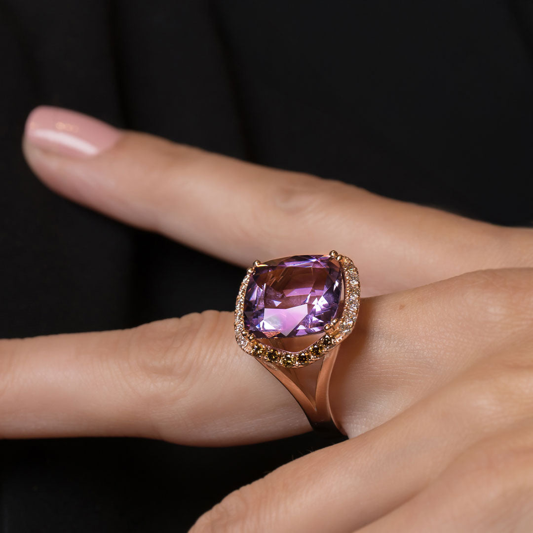 Amethyst & Cognac Diamonds Rose Gold Ring
