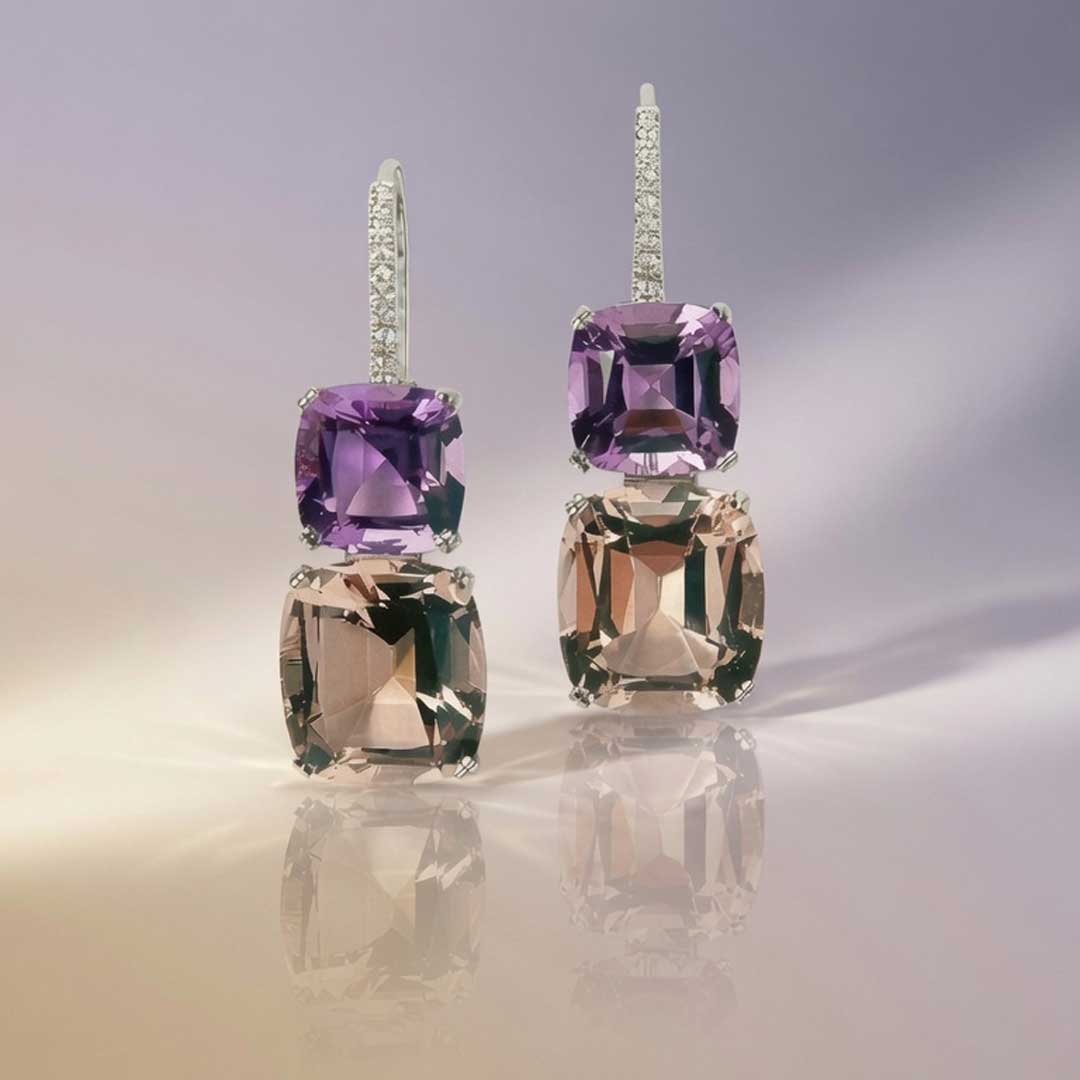 Amethyst, Morganite & Diamond Platinum Earrings