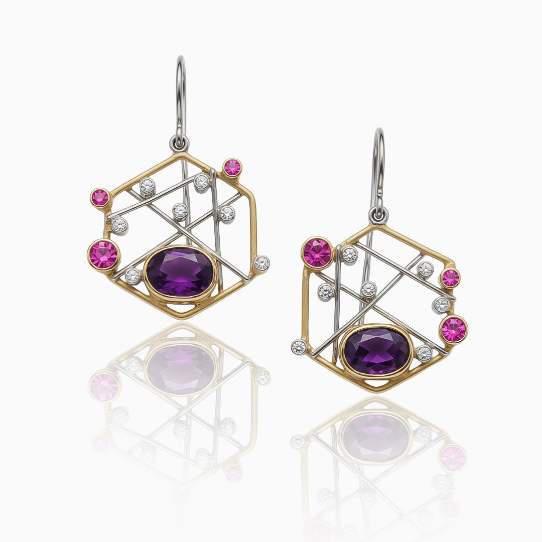 Amethyst, Pink Sapphires & Diamond Yellow Gold & Platinum Earrings