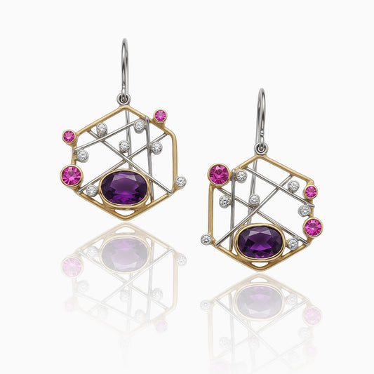 Amethyst, Pink Sapphires & Diamond Yellow Gold & Platinum Earrings