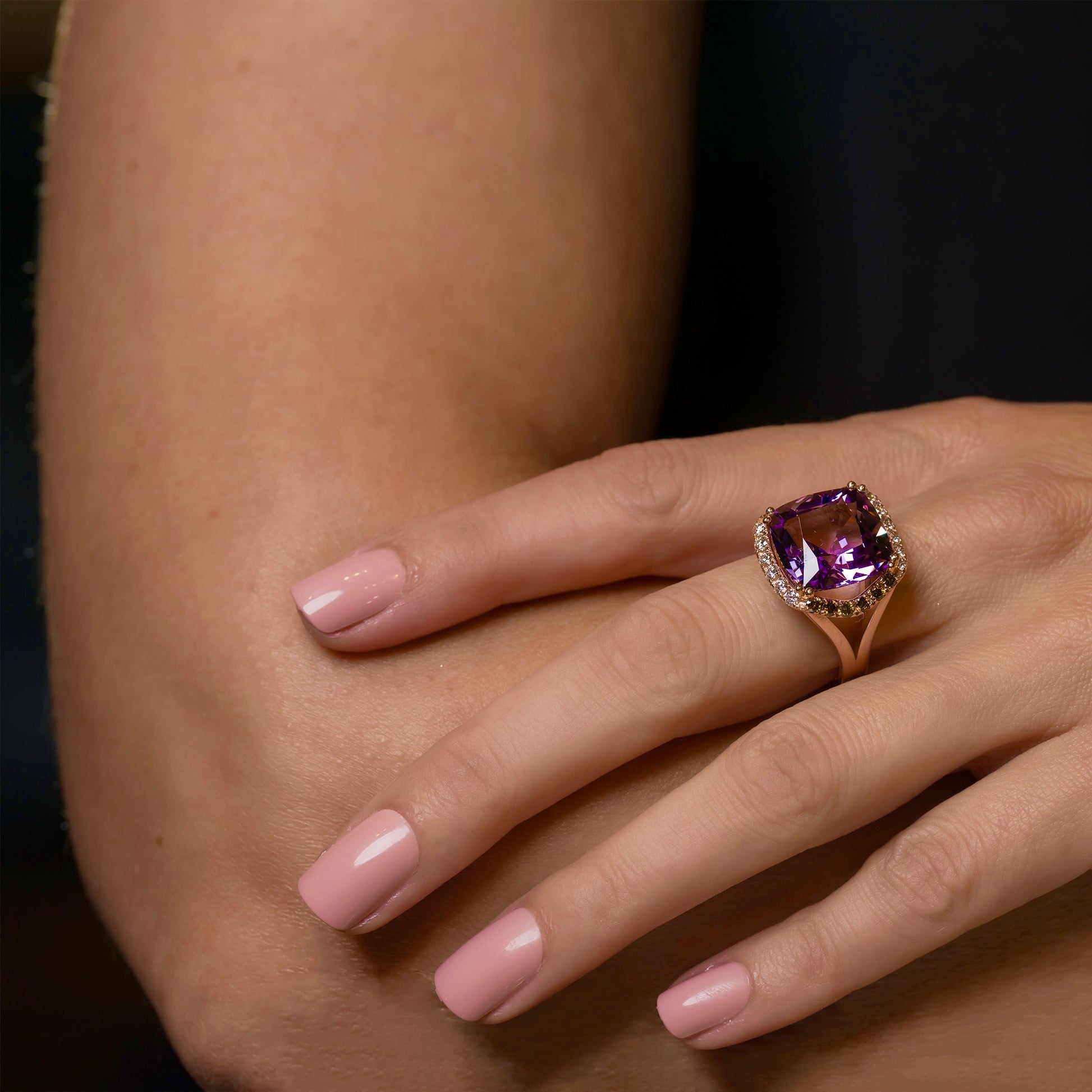 Amethyst & Cognac Diamonds Rose Gold Ring