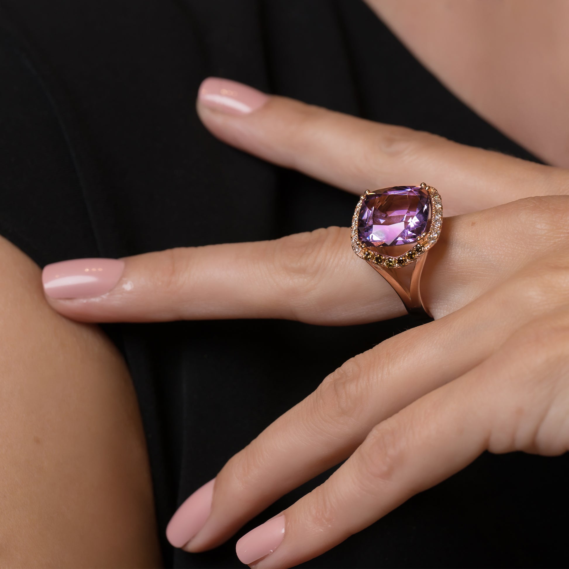 Amethyst & Cognac Diamonds Rose Gold Ring