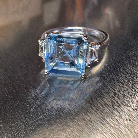 Asscher Cut Aquamarine & Diamond White Gold Ring