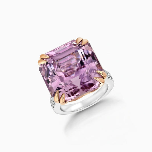 Asscher cut Kunzite & Diamond Gold Ring on a white background