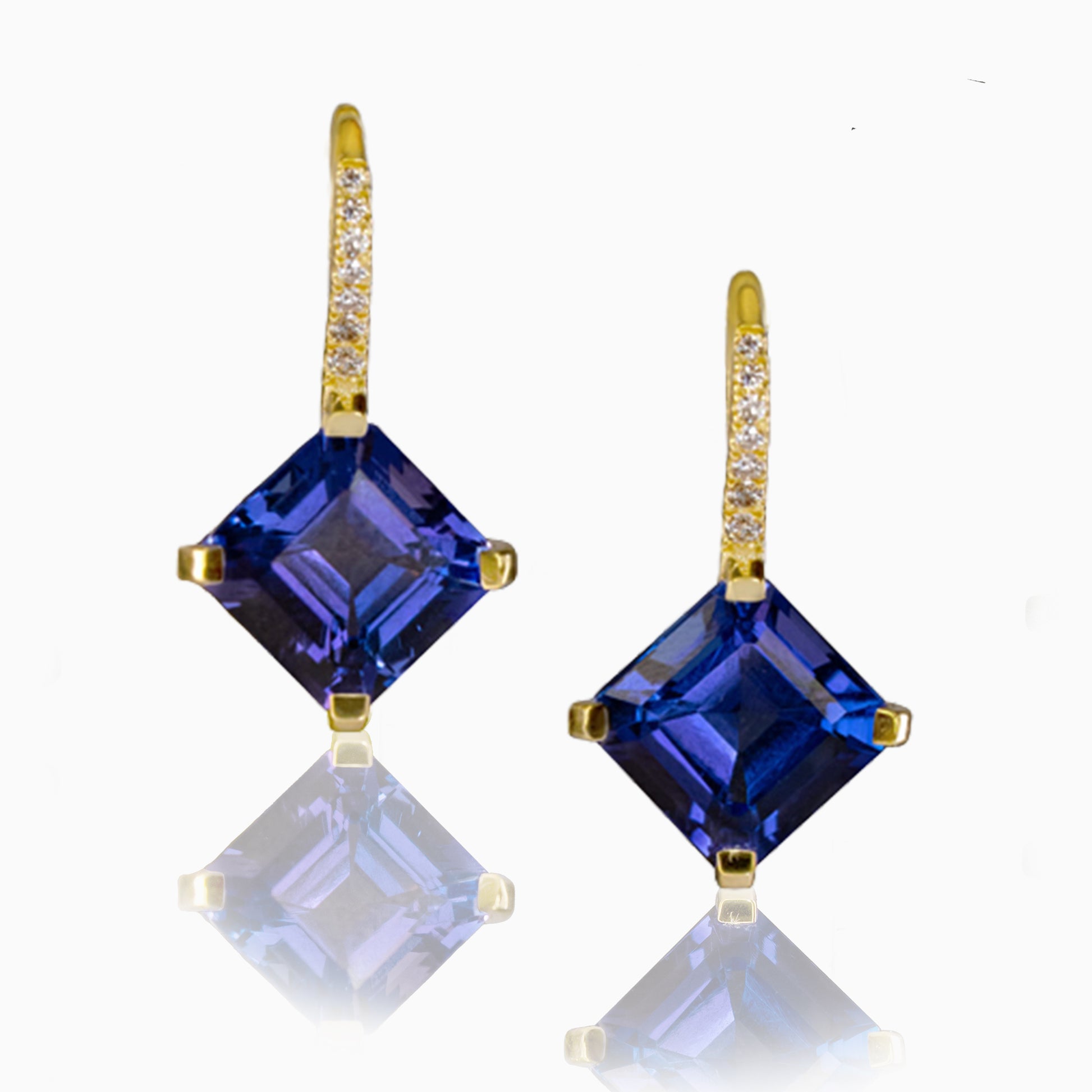 Asscher Tanzanite & Diamonds Yellow Gold Earrings
