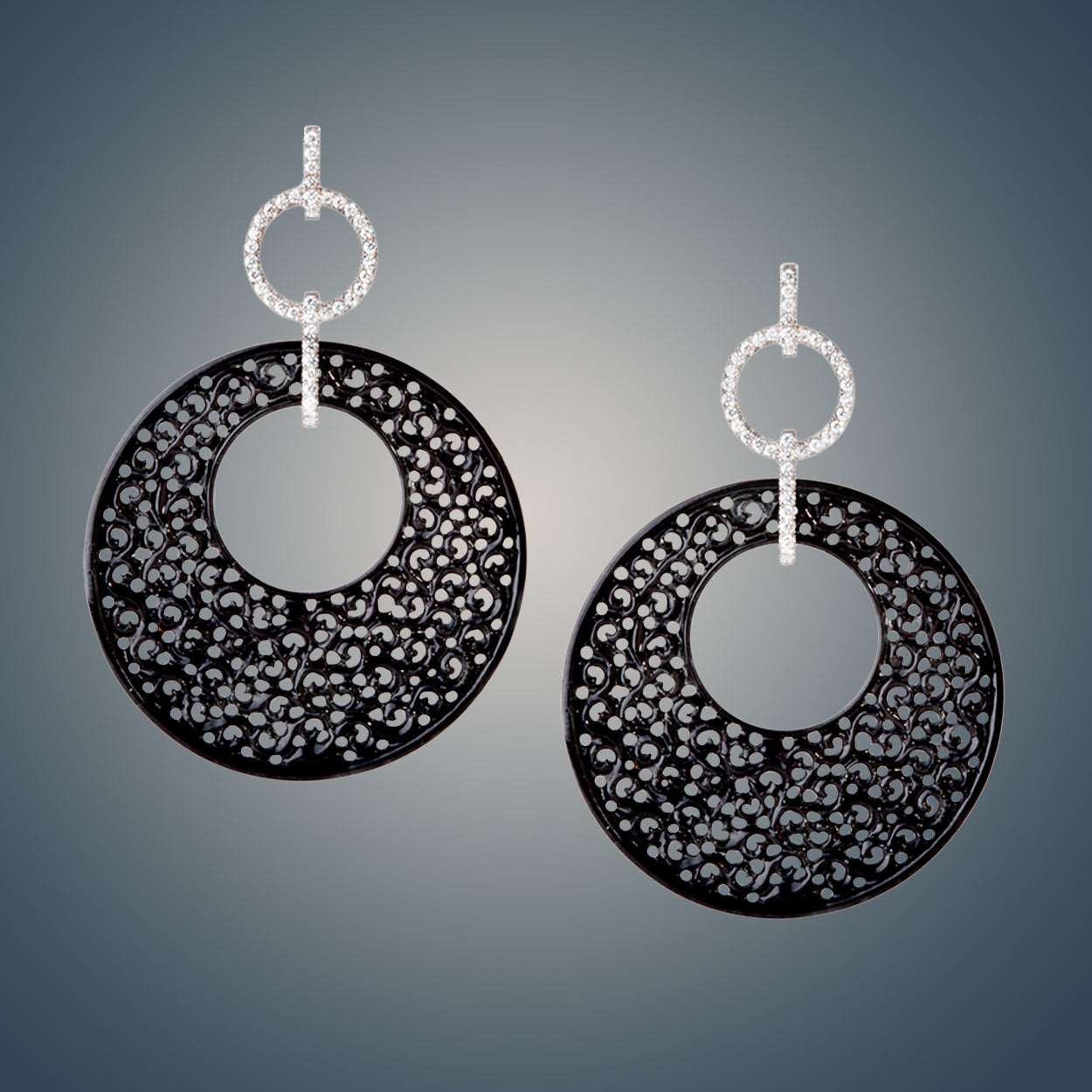 Black Jade Diamond Earrings on a grey background
