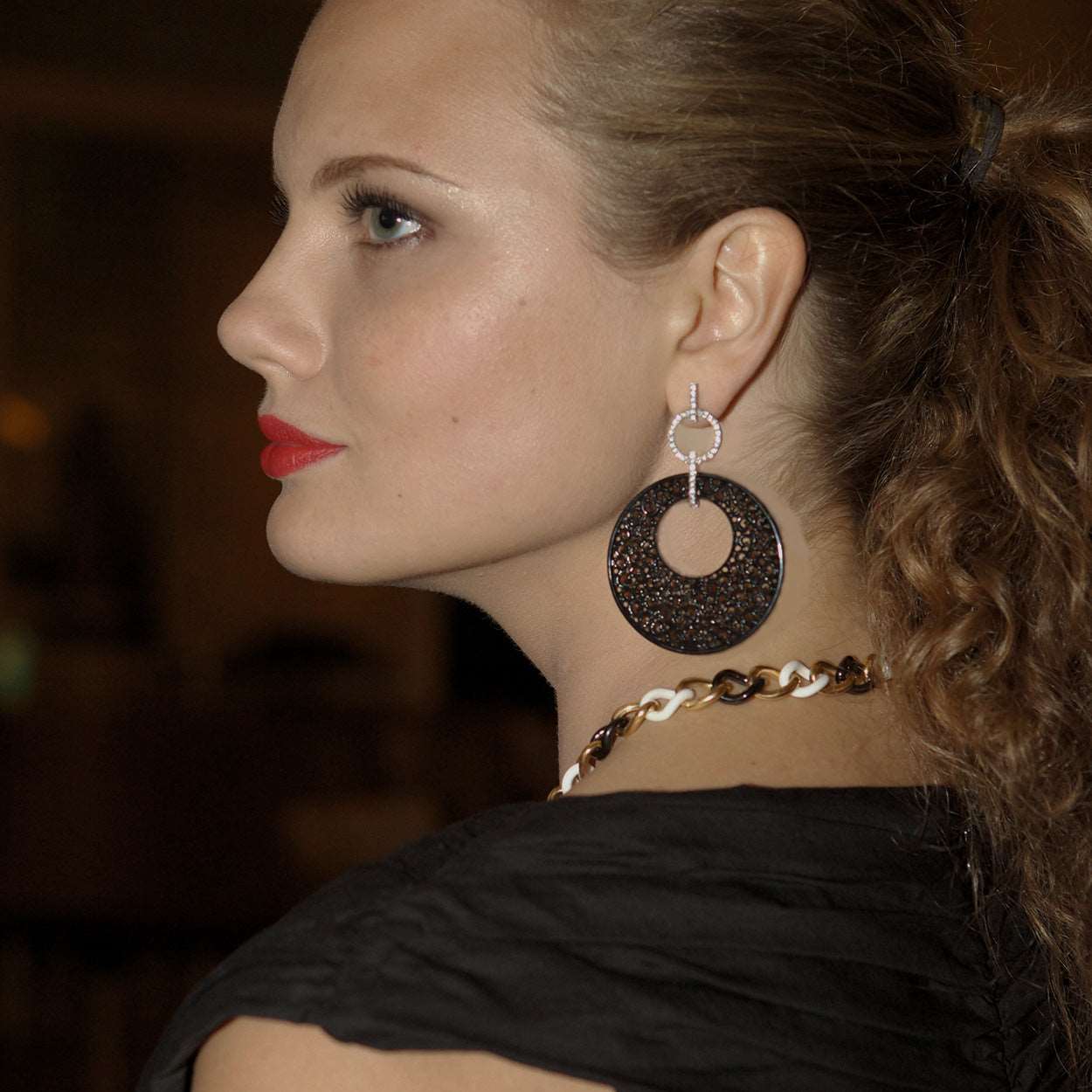 Model Wearing Black Jade Diamond Earrings