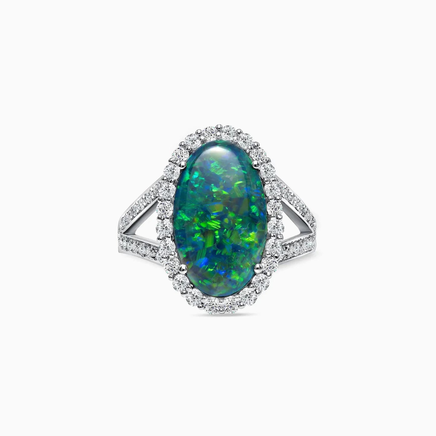 Black Opal and Diamonds Enigma Ring on a white background