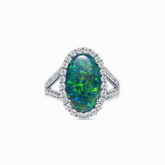 Black Opal and Diamonds Enigma Ring on a white background