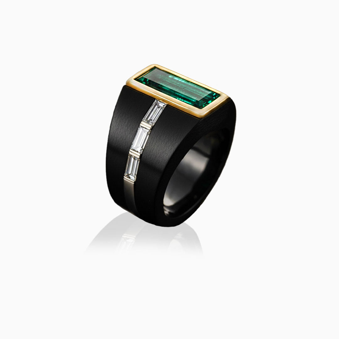 Black Titanium & Yellow Gold Emerald & Diamonds Ring