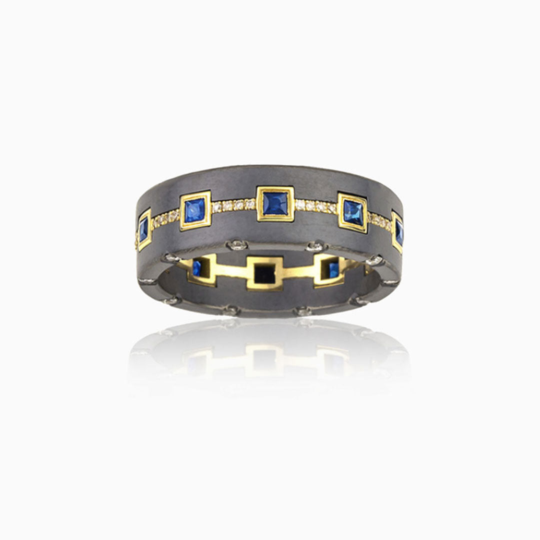 Black Titanium & Yellow Gold Sapphire & Diamond Band