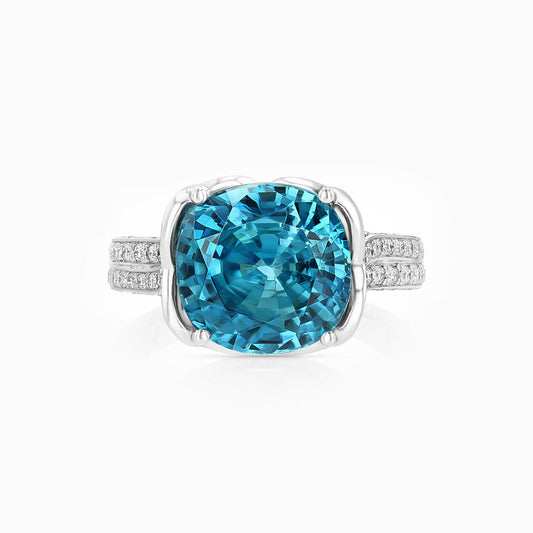 9.15 carat Cushion Blue Zircon White Gold Ring