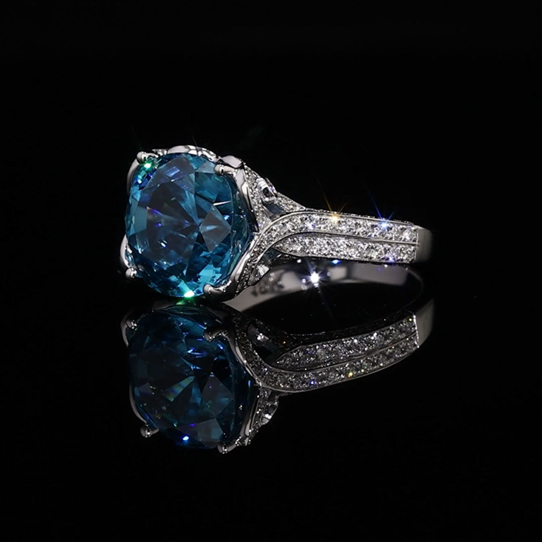 9.15 carat Cushion Blue Zircon White Gold Ring