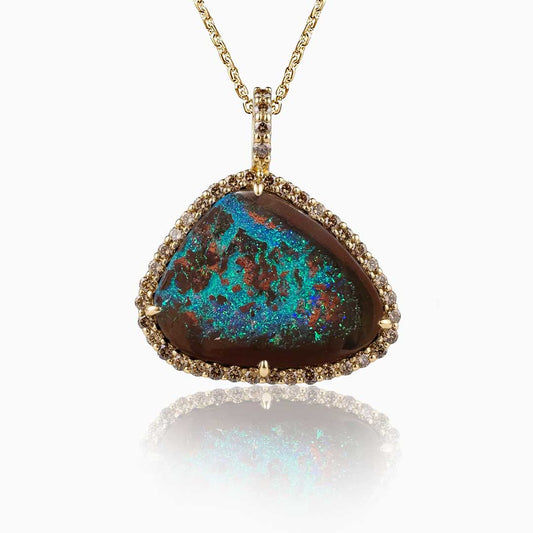 Boulder Opal & Cognac Diamonds Yellow Gold Pendant