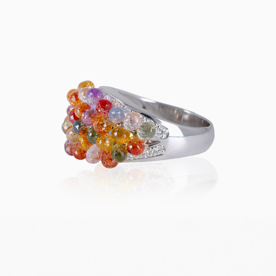 Multi Colored Briolette Sapphires & Diamonds White Gold Ring