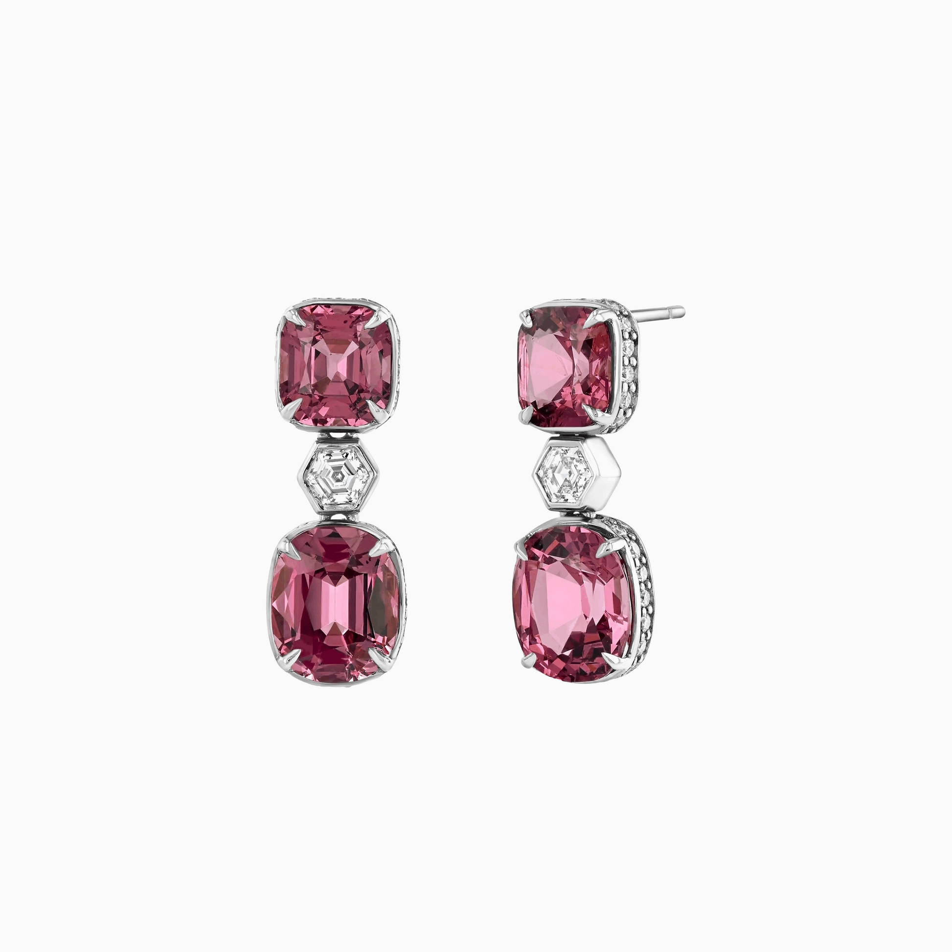 Pink Spinel Diamond Gold Earrings on a white background