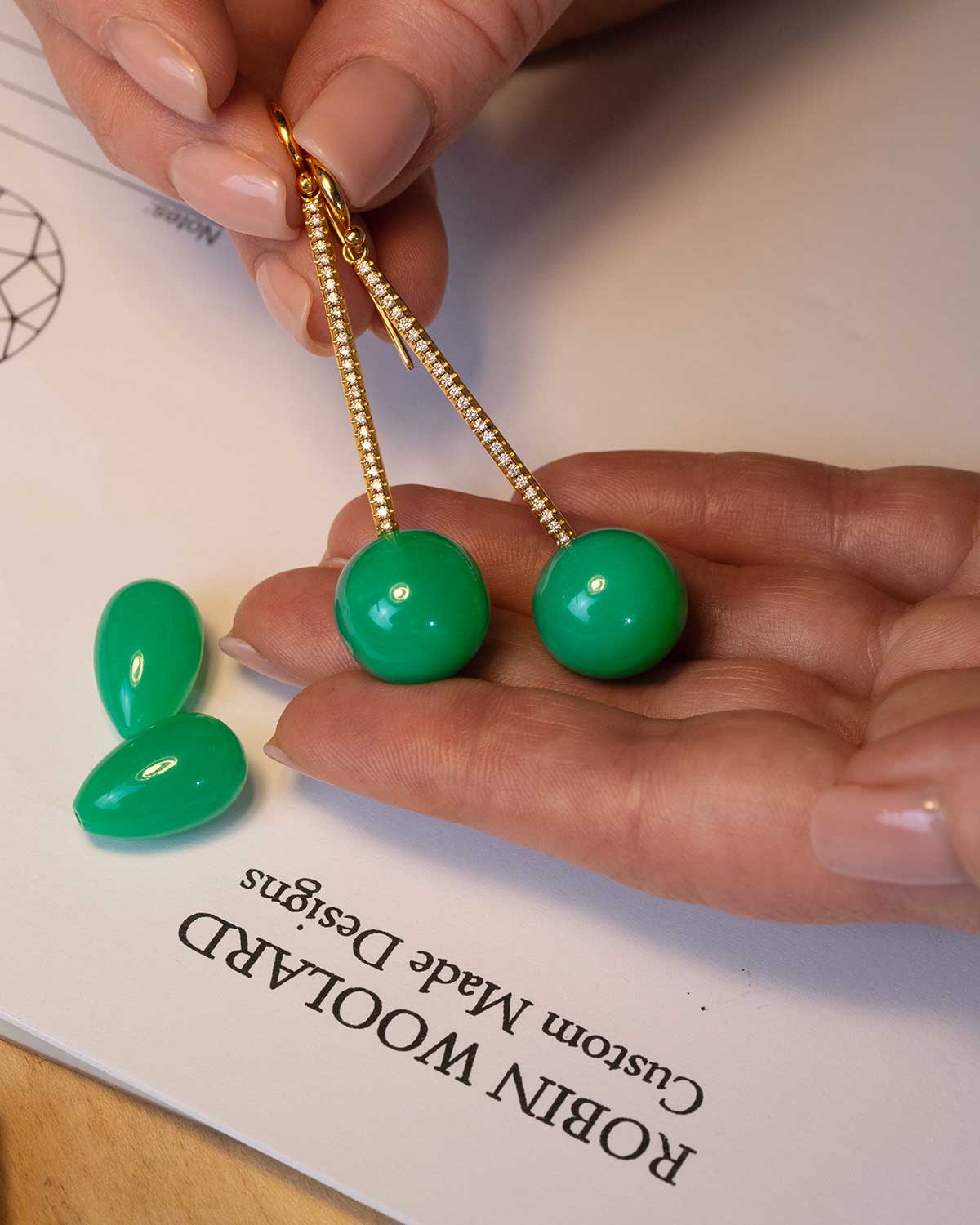 Chrysoprase Diamonds Yellow Gold Earrings