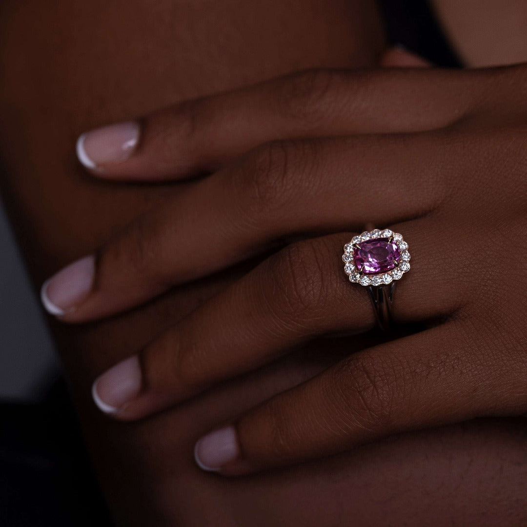 Model Wearing Intense Pink Sapphire & Diamonds Gold Ring