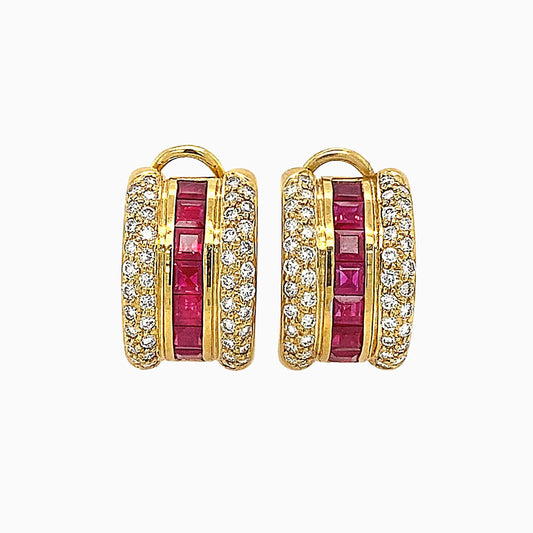 Deco Burmese Ruby Diamond Ear Clips on a white background