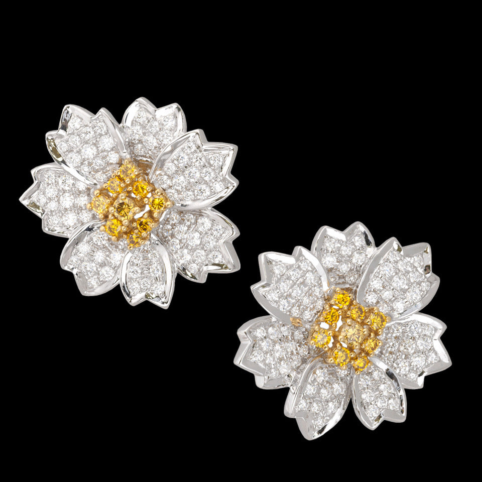 Canary Diamonds Pansy Gold Earrings on a black background