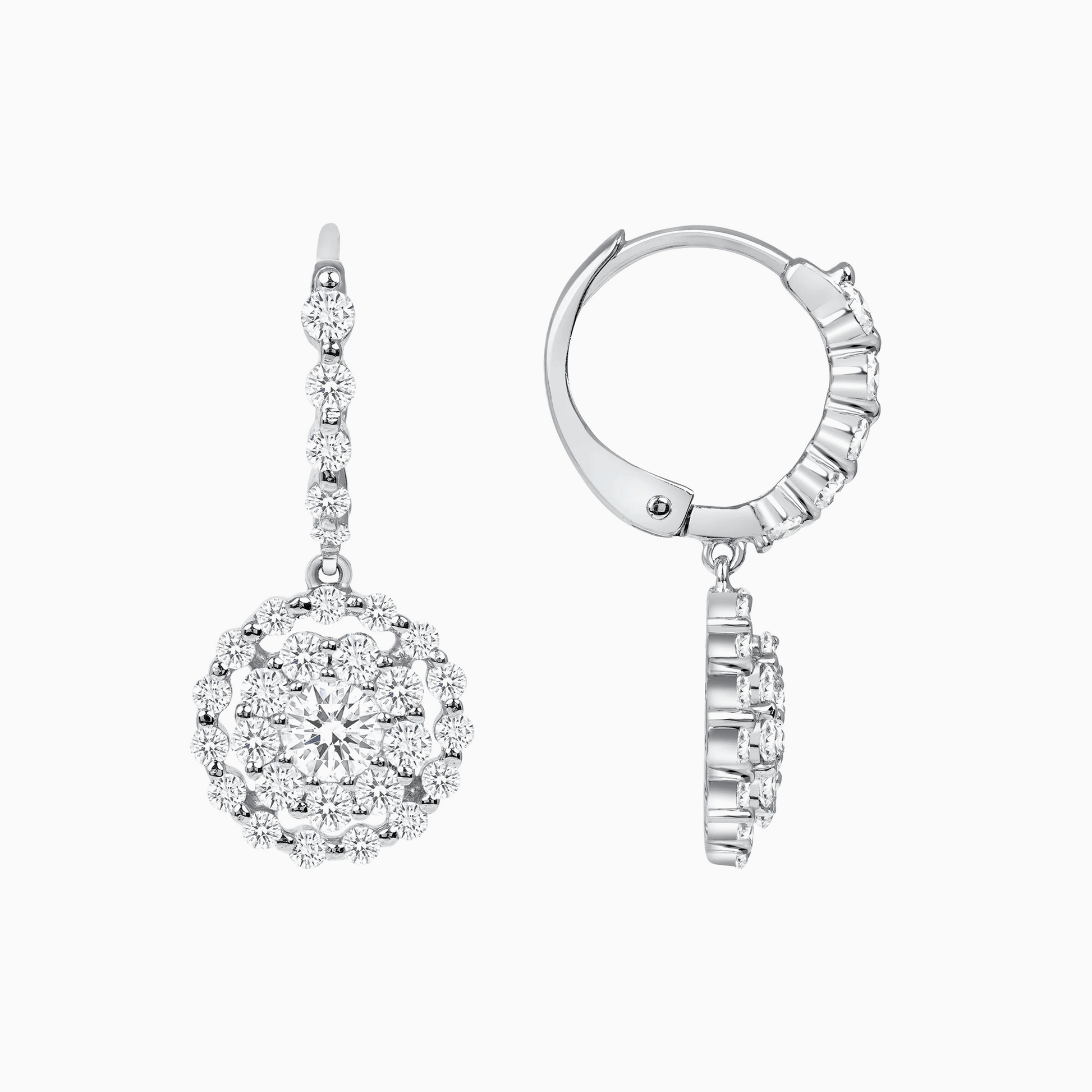 Diamond White Gold Drop Earrings on a white background 