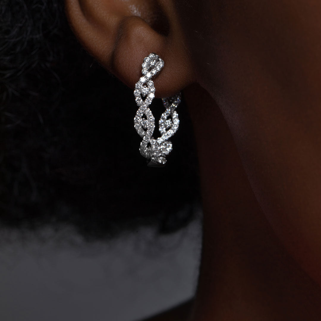 Intertwined Diamond Medium Hoop White Gold Earrings