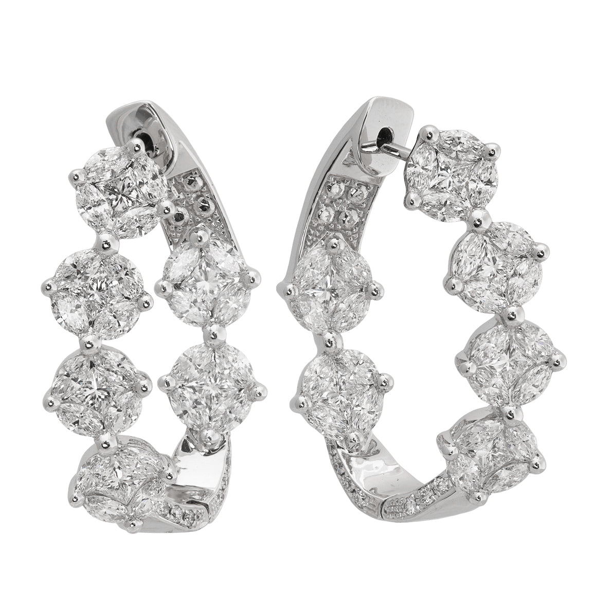 Pair of Illusion Set Diamond White Gold Hoop Earrings on a white background 