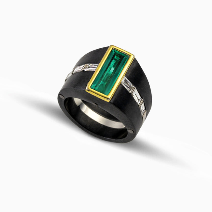 Titanium Emerald & Diamonds Ring