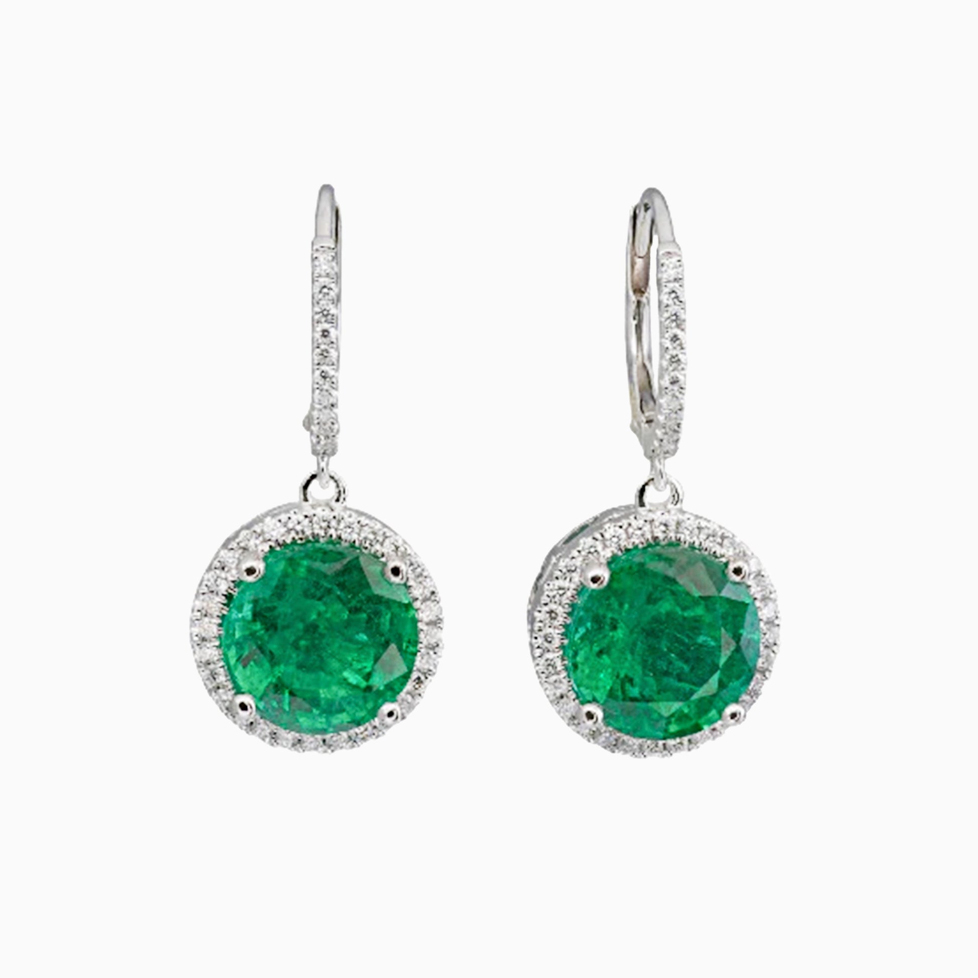 Emerald and Diamond Gold Drop Earrings on a white background