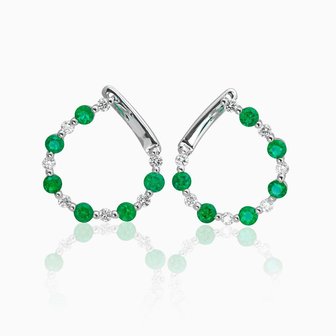 Emerald and Diamond Round Hoop Earrings