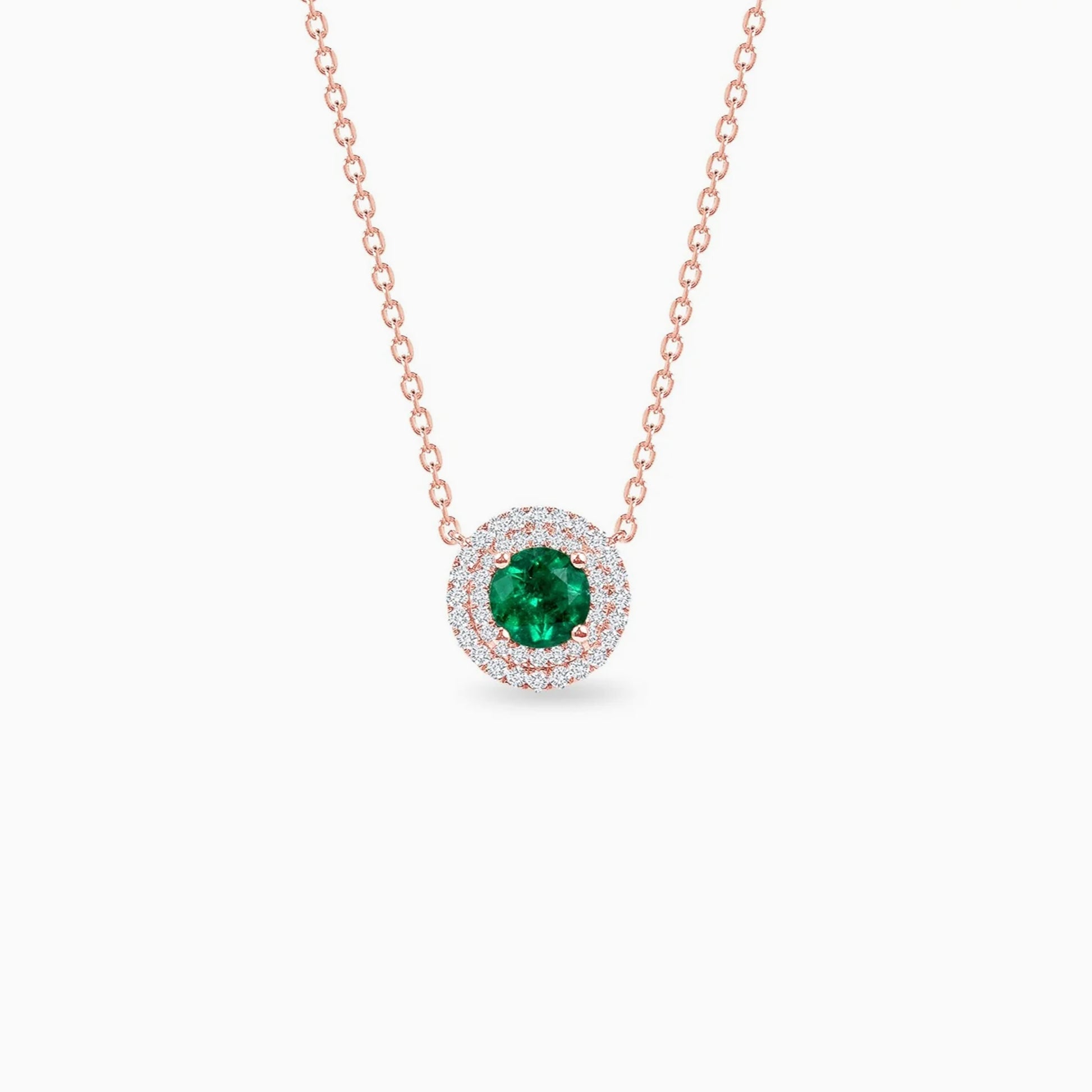 Emerald with Halo Diamonds Rose Gold Pendant on a white background