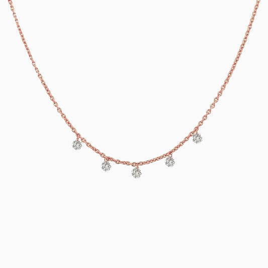 Floating Five Diamond Necklace in Rose Gold on a white background