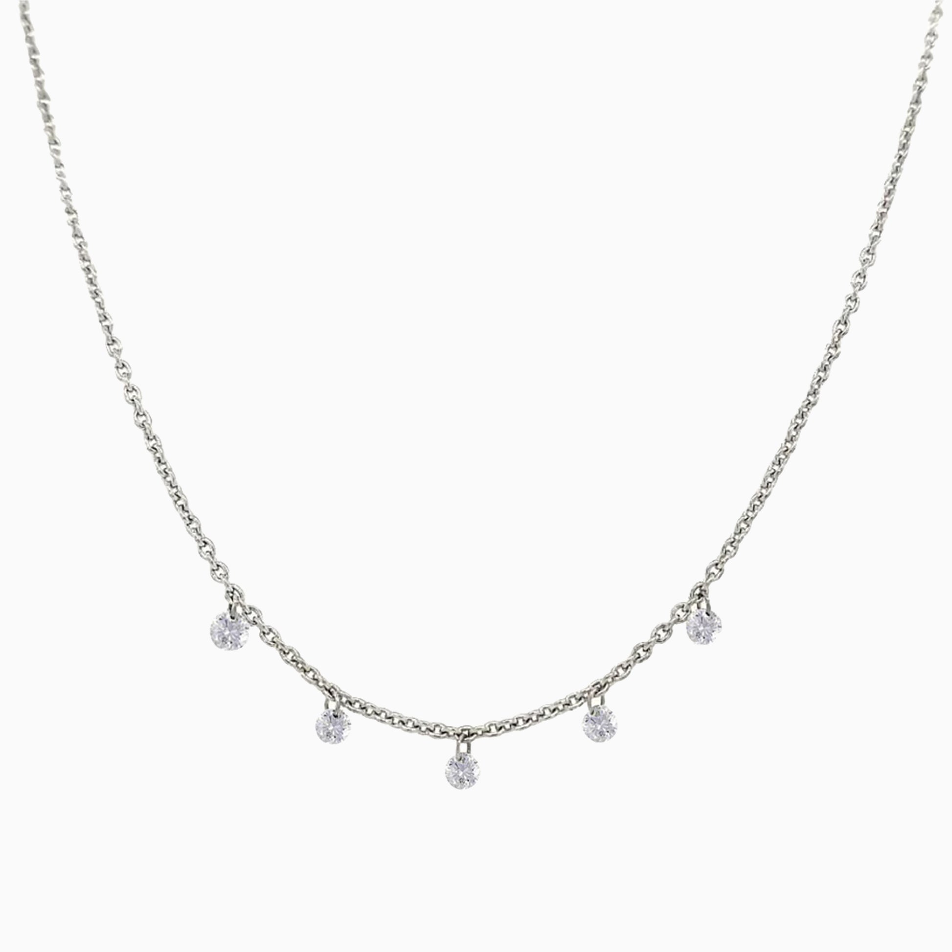  Floating Five Diamond Necklace in White Gold on a white background