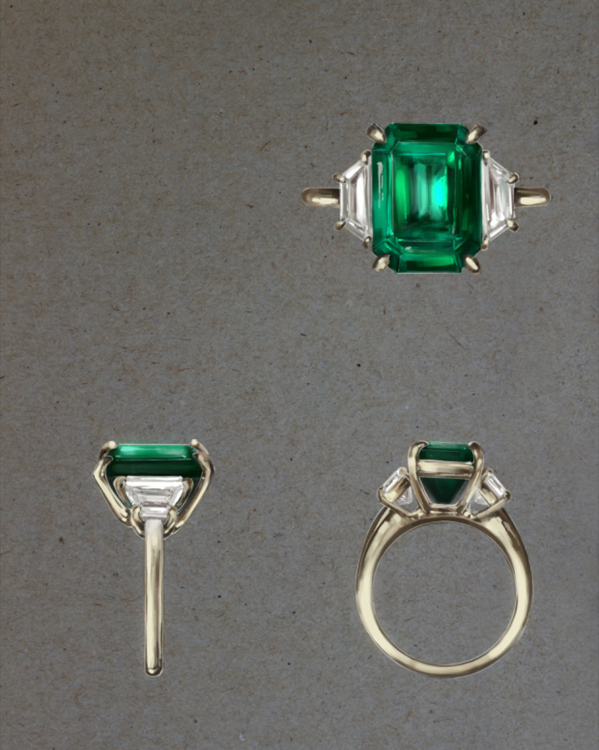 Emerald gold ring in various views on neutral background.