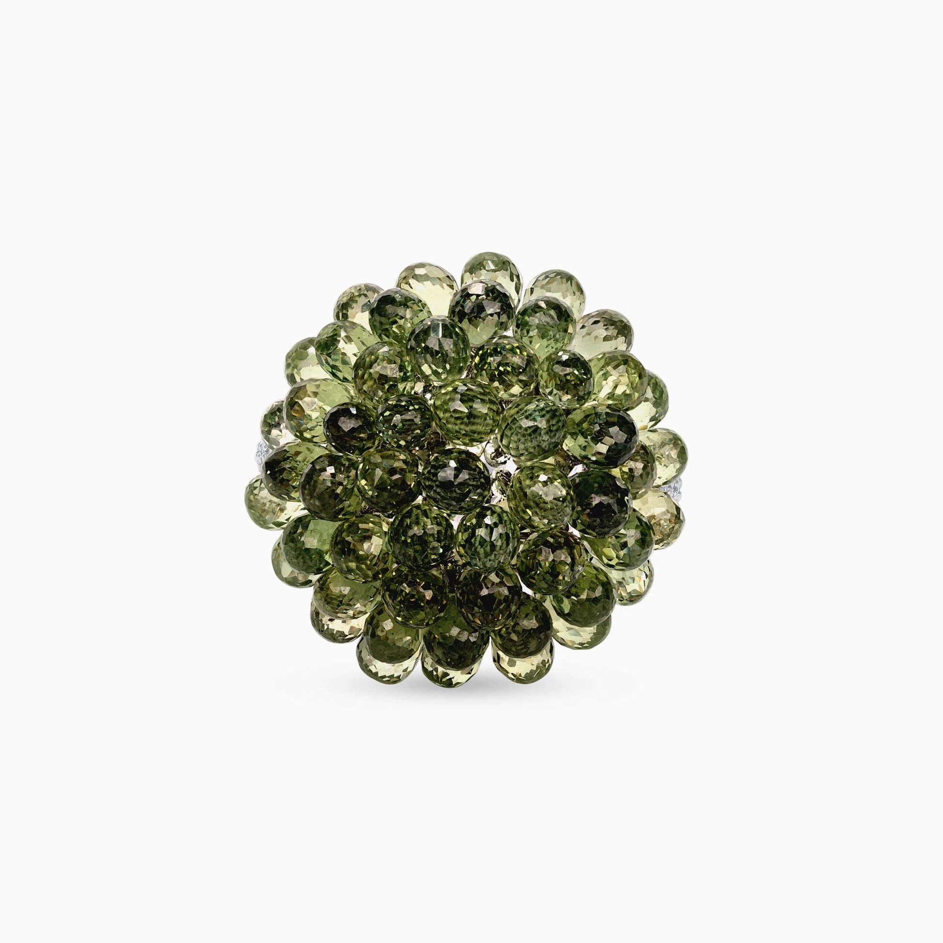 Green Briolette Sapphire and Diamond White Gold Ring on a white background