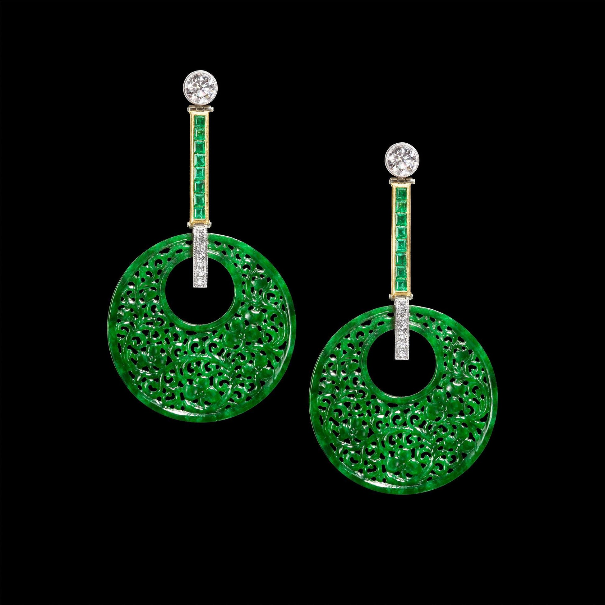 Green Jade Emerald & Diamond Platinum Earrings on a black background