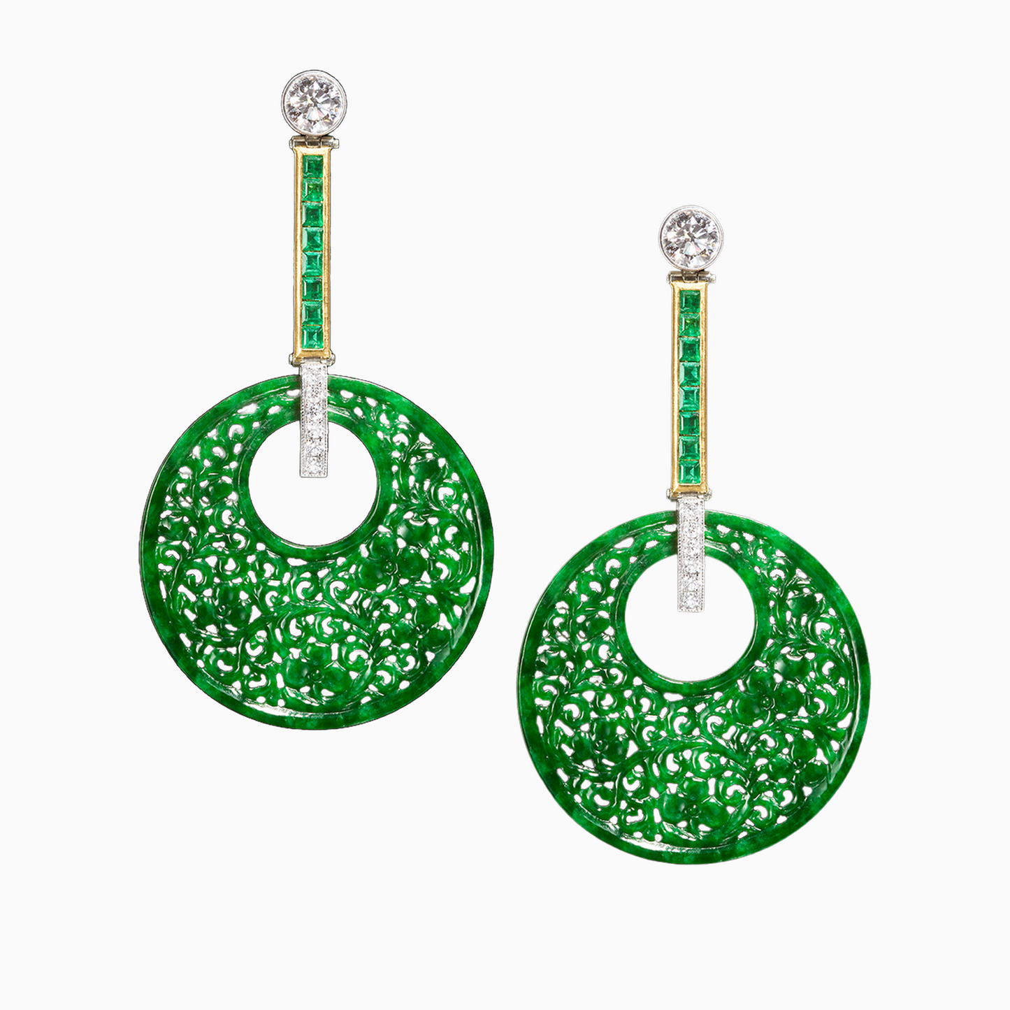 Green Jade Emerald & Diamond Platinum Earrings on a white background