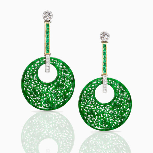 Green Jade Emerald & Diamond Platinum Earrings