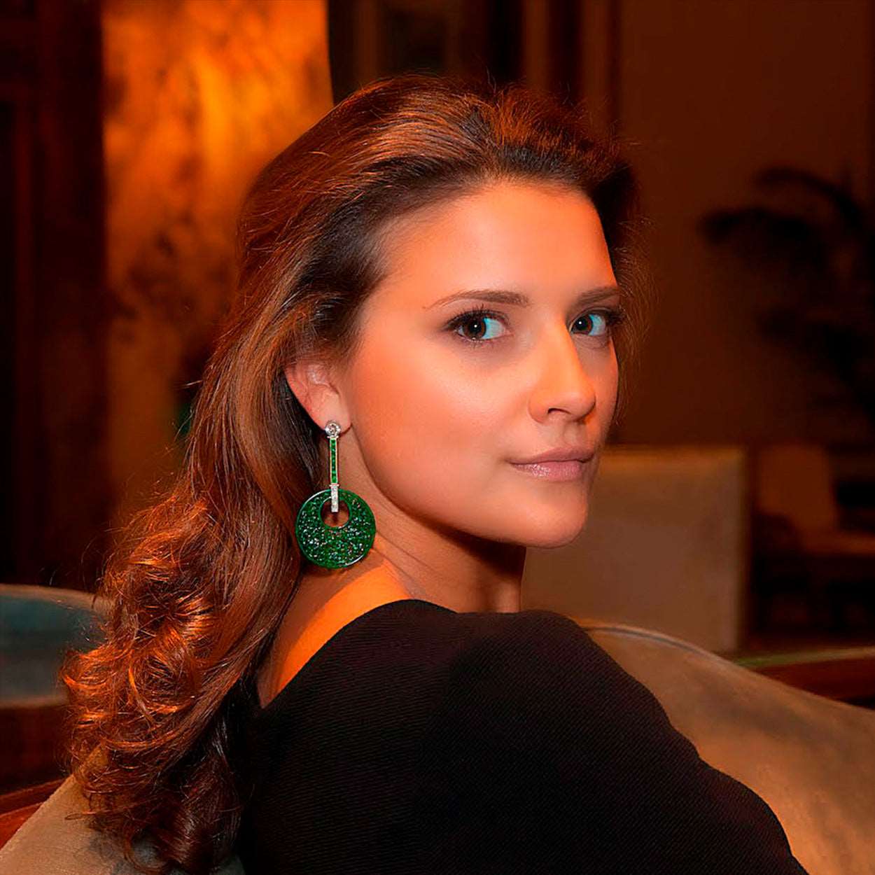 Model Wearing Green Jade Emerald & Diamond Platinum Earrings 