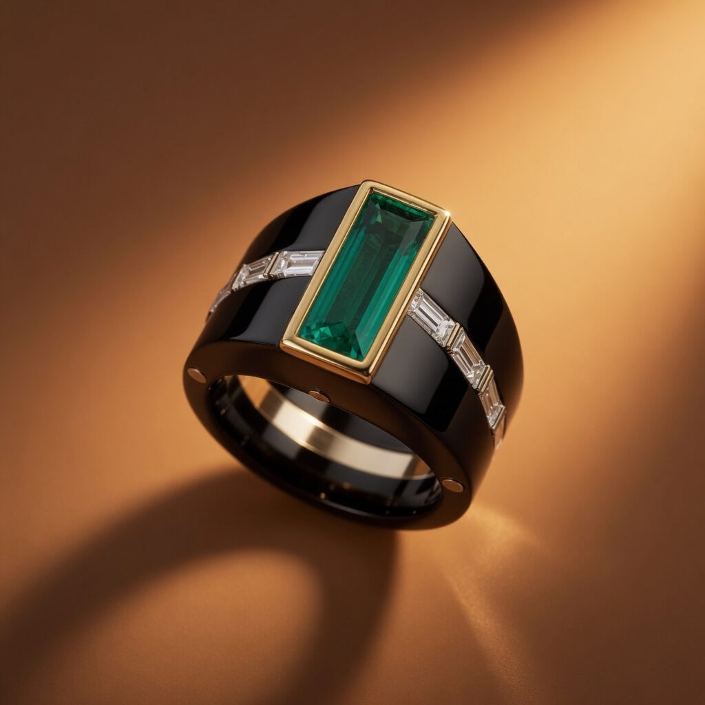 Black Titanium & Yellow Gold Emerald & Diamonds Ring