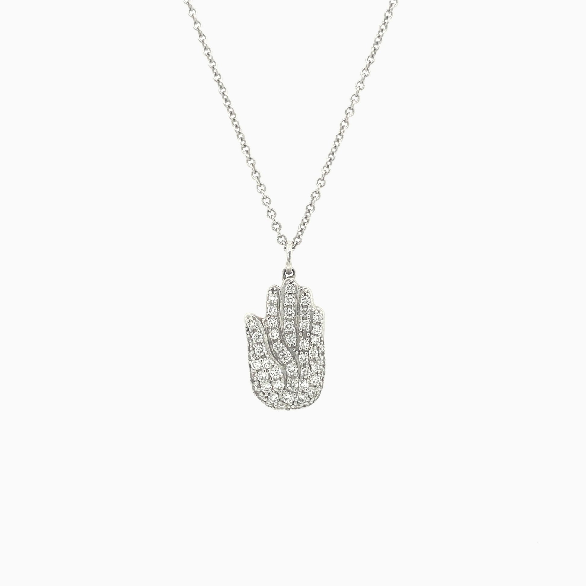 Hamsa (Hand of God) Diamond Pave Necklace on a white background 