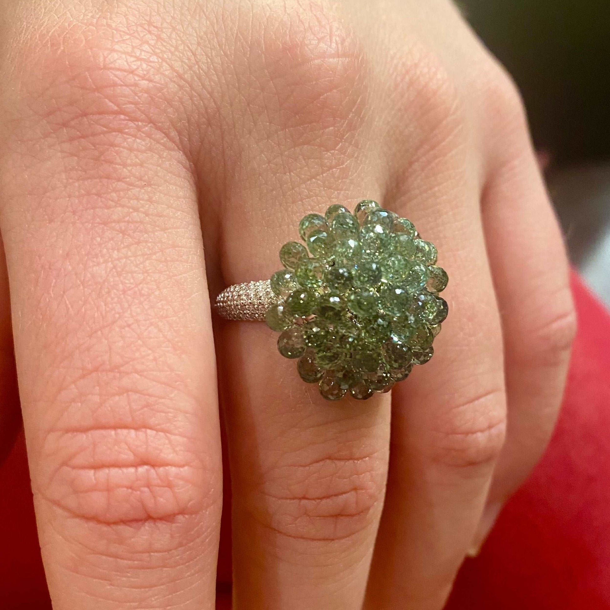 Model Wearing Green Briolette Sapphire and Diamond White Gold Ring