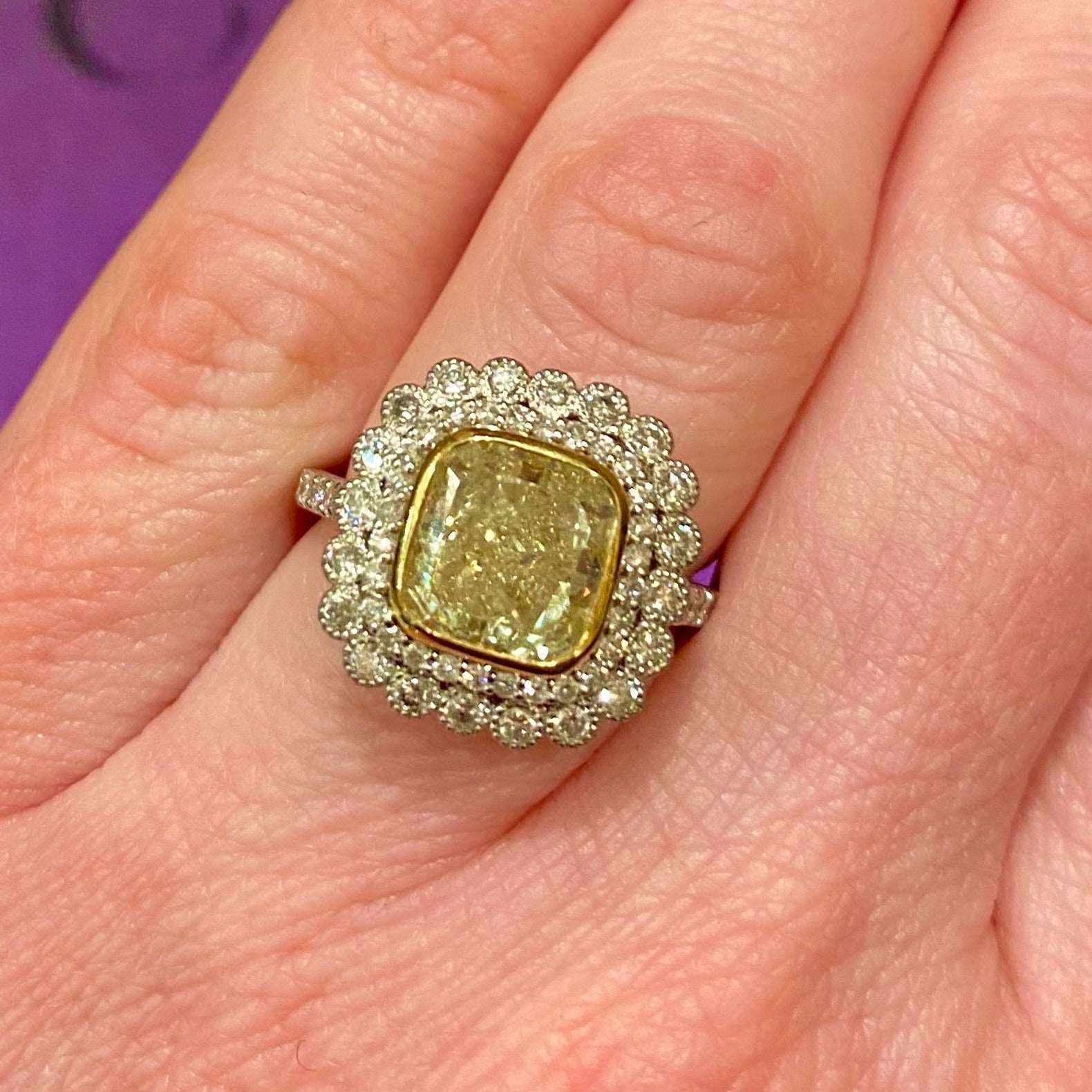 Model Wearing Fancy Yellow Diamond Platinum Ring