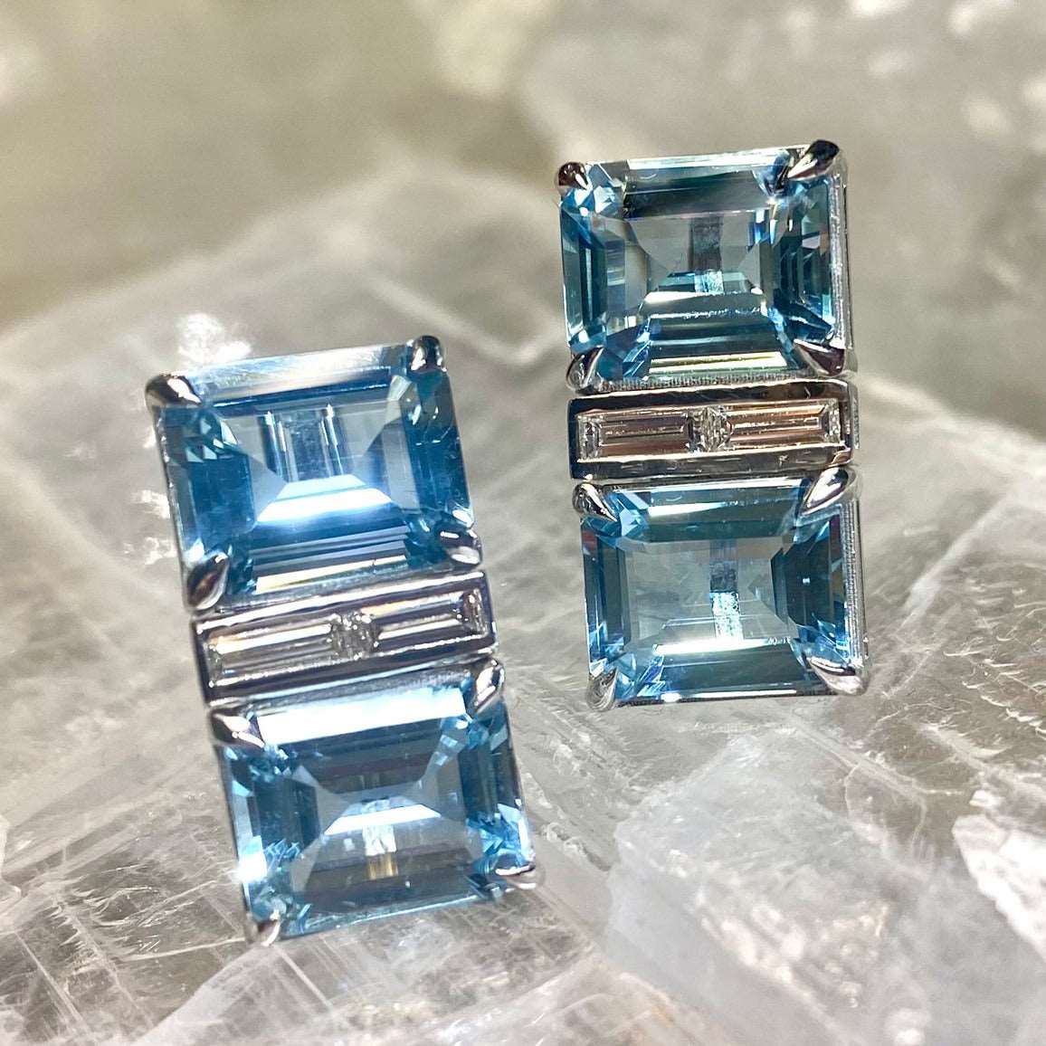 Aquamarine & Diamond Deco Gold Earrings